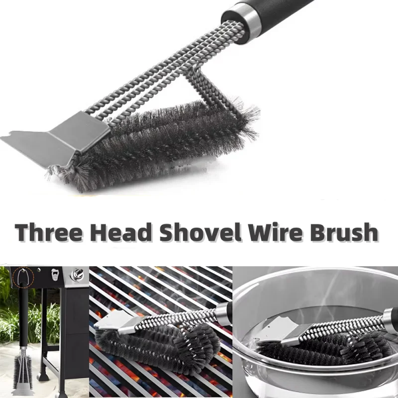 

Stainless Steel Barbecue Cleaning Brush With Three Layer Metal Wire Bristles And Scraper Heavy-Duty Outdoor Barbecue Tool