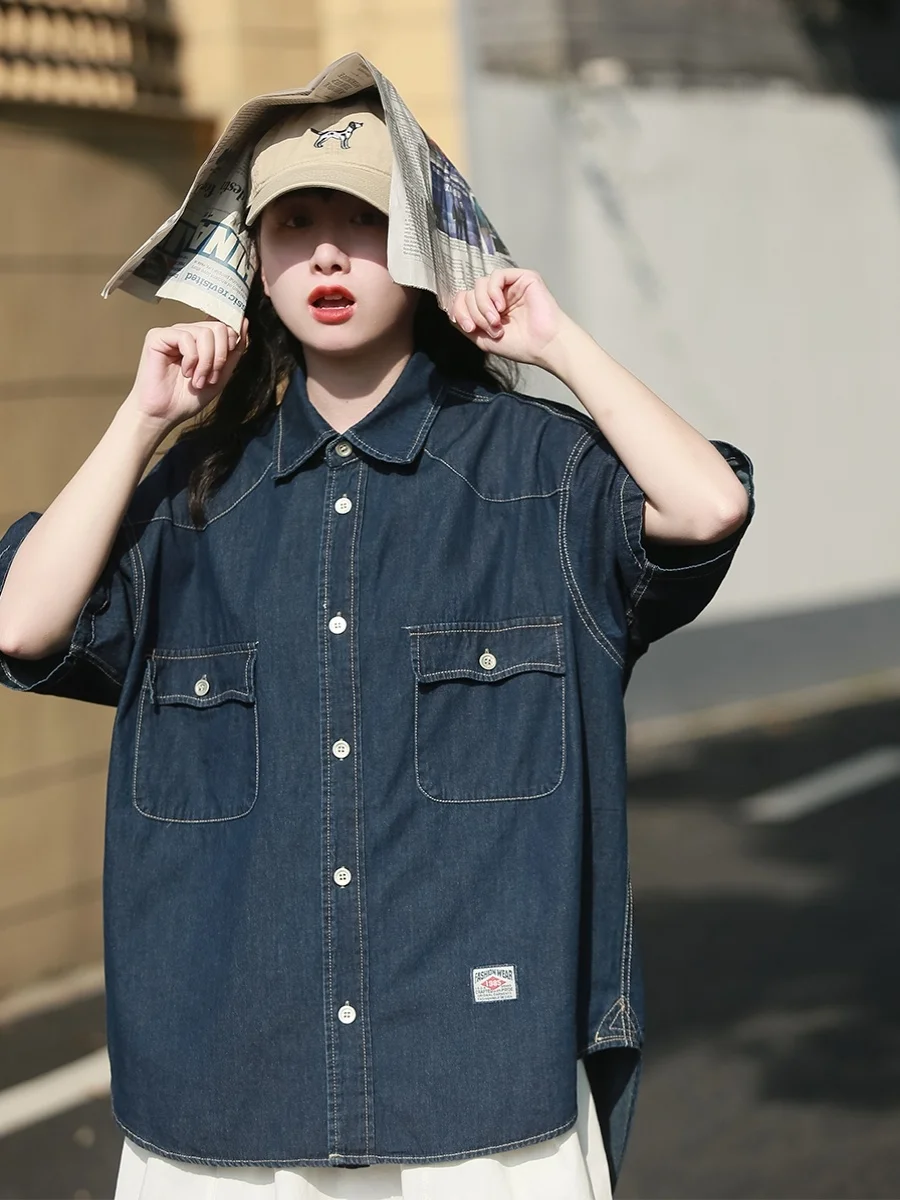 

Летняя мужская джинсовая рубашка с коротким рукавом в американском стиле, винтажная рабочая одежда, модный бренд, свободный крой, цветная