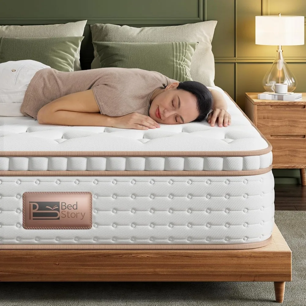 مرتبة BedStory Firm Queen - مرتبة هجينة مقاس 14 بوصة مع دعم قطني متقدم لتخفيف آلام الظهر - عزل الحركة و
