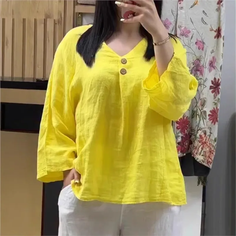 

2025 Spring And Autumn New Women's Clothing Solid Color Versatile Casual Loose V-neck Button Long Sleeved Shirt For Women Tops