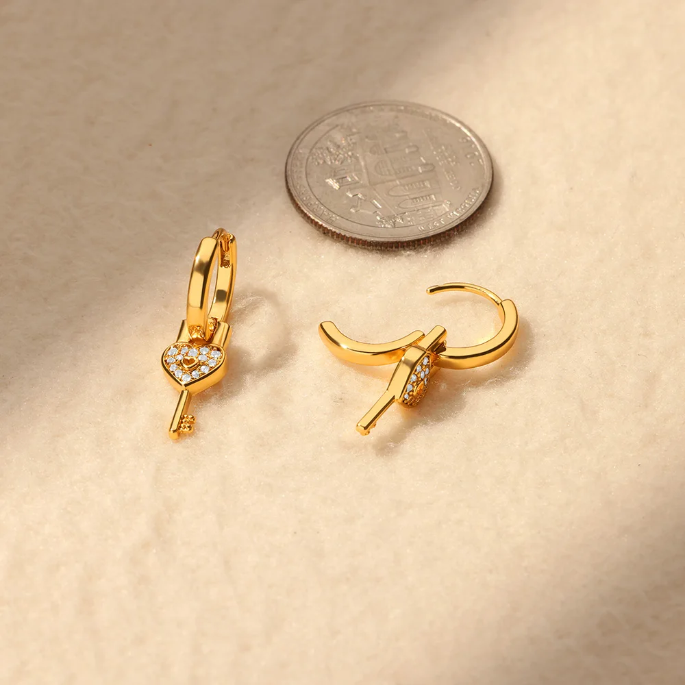 Luxury Heart Key Dangle Earrings for Women Gold Color Stainless Steel Earrings Female Bling Zircon Drop Ear Jewelry aretes mujer