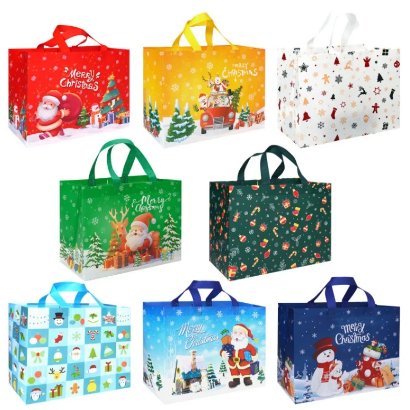 

25/50PCS Christmas Party Snowman & Reindeer Handle Bag Non-woven Cartoon Laminated Gift Shopping Tote Pouches 12.8x8.7x9.8inch