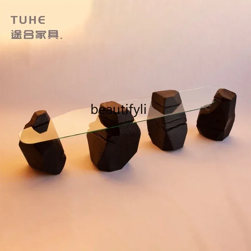 

xzSpecial-shaped textured coffee table light luxury model room living room homestay creative tempered glass tea table