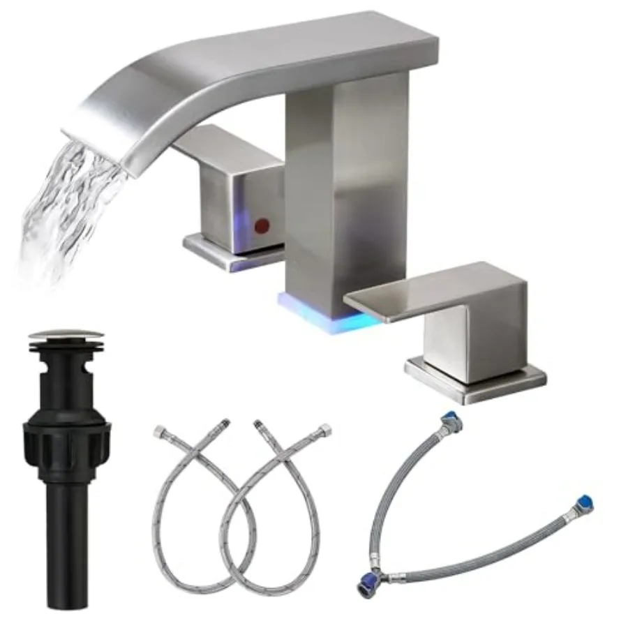 

Bathroom faucets 3 Hole Brushed Nickel Vanity Faucet with LED Waterfall 8 inch Widespread Modern Touch-on 2 Handle for Sink