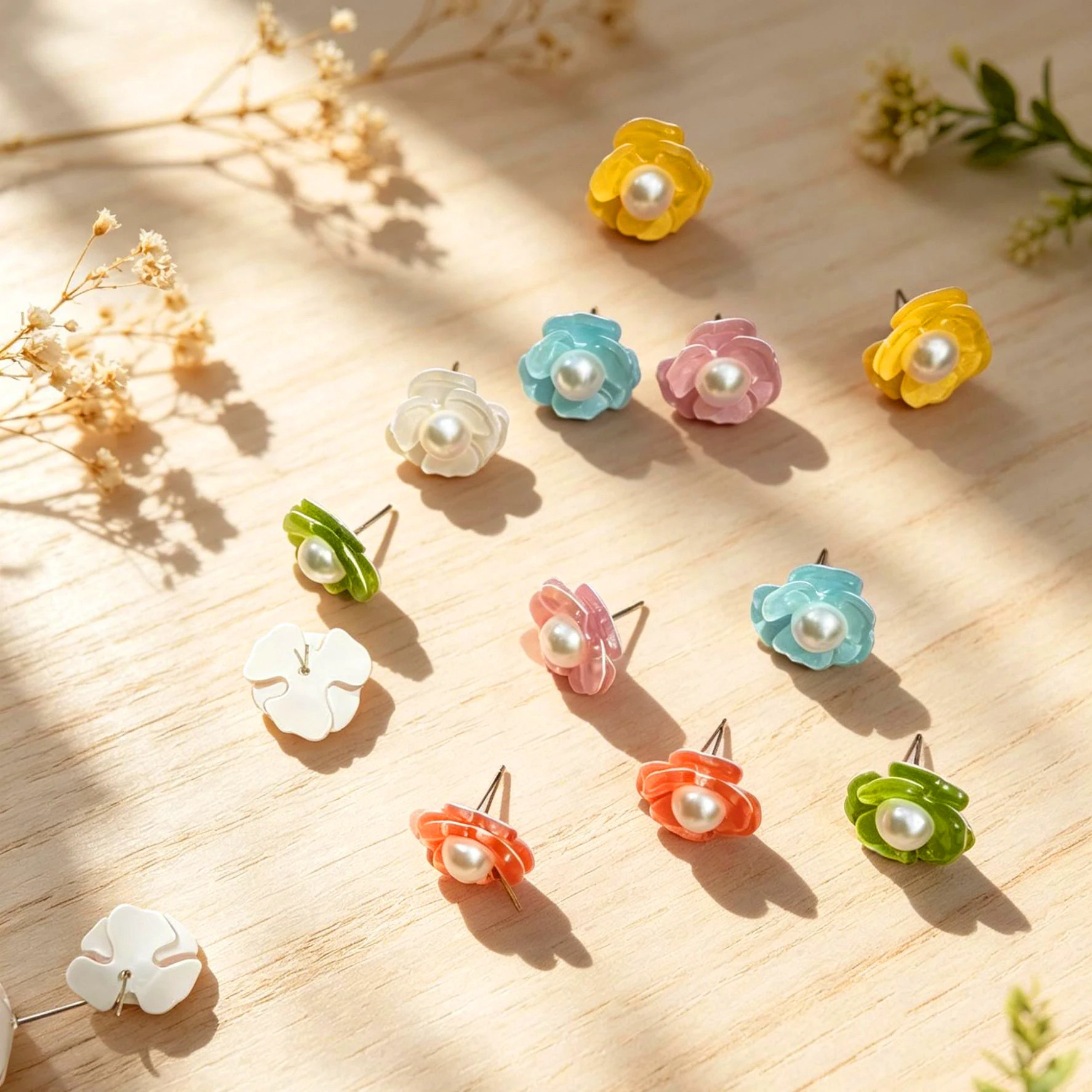 Women Cute Translucent Flower Pearl Stud Earrings, Multicolor Matte Petal Small Earrings, Boho Sweet Lightweight Resin Ear Jewel