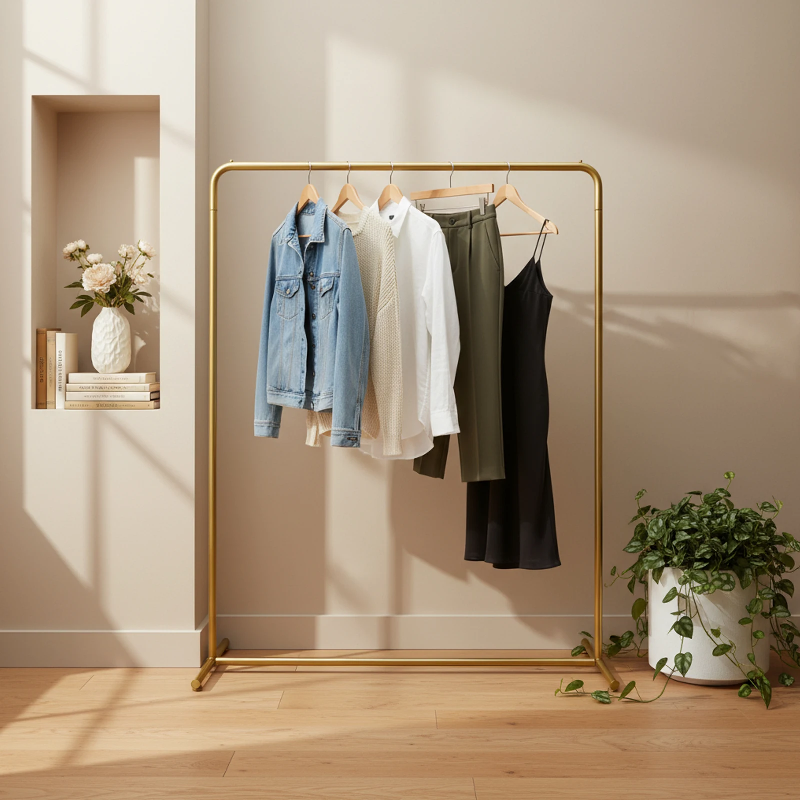 

Gold Standing Clothing Rack, Pipe Metal Garment Shelf Hanger Coat Clothes Display Stand, Heavy Duty Clothes Rack Hanging Rack Closet Organizer for Bedroom Retail (H Shape)