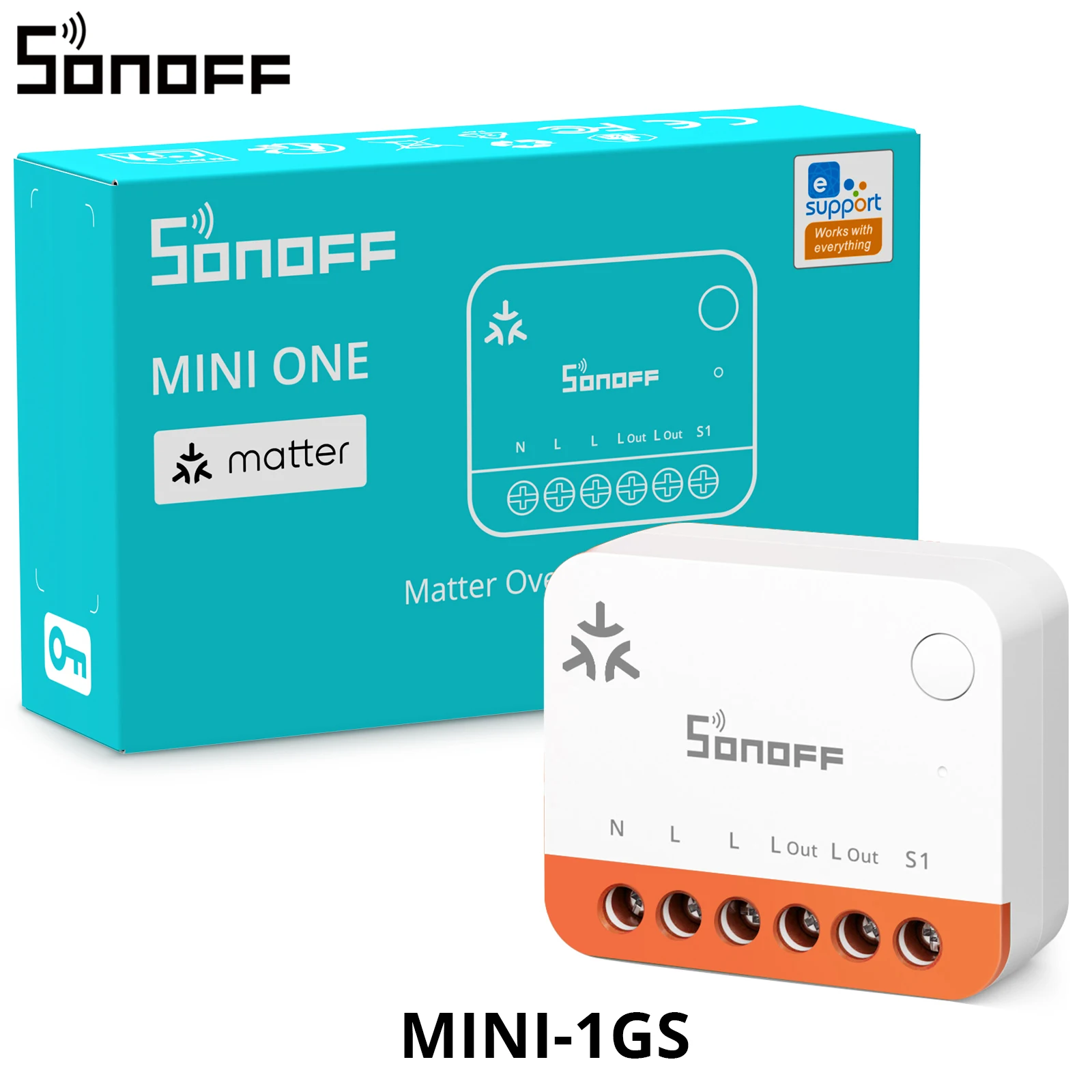 SONOFF MINI-1GS MINI ONE Matter via WiFi slimme schakelaar 16A max. ondersteuning voor open API toegang, loskoppelbare relaismodus, werkt met Apple Home