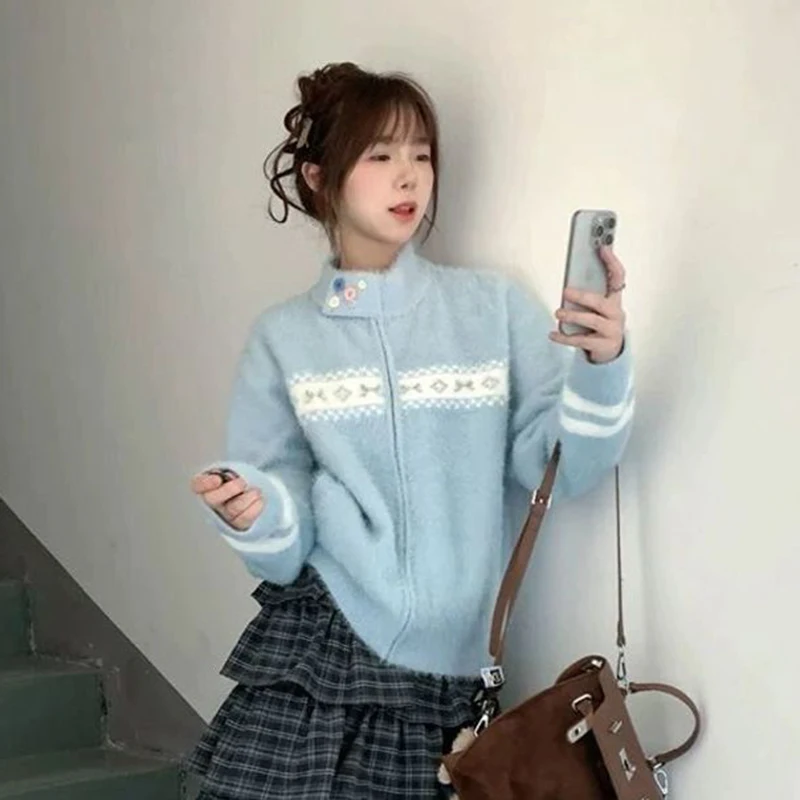 الأزرق خمر سترة متماسكة المرأة الحلو الجاكار زر المرقعة كم طويل سترة الوقوف طوق البريدي فضفاض بلايز الكورية عادية