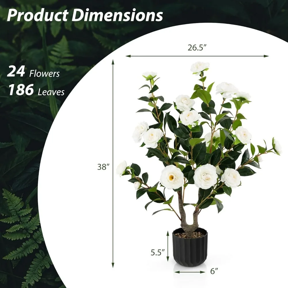 Artificial Camellia Tree, Flower Plants, Faux Floral Plant, Blooming Tree in Cement Pot, Potted Plant, 38 