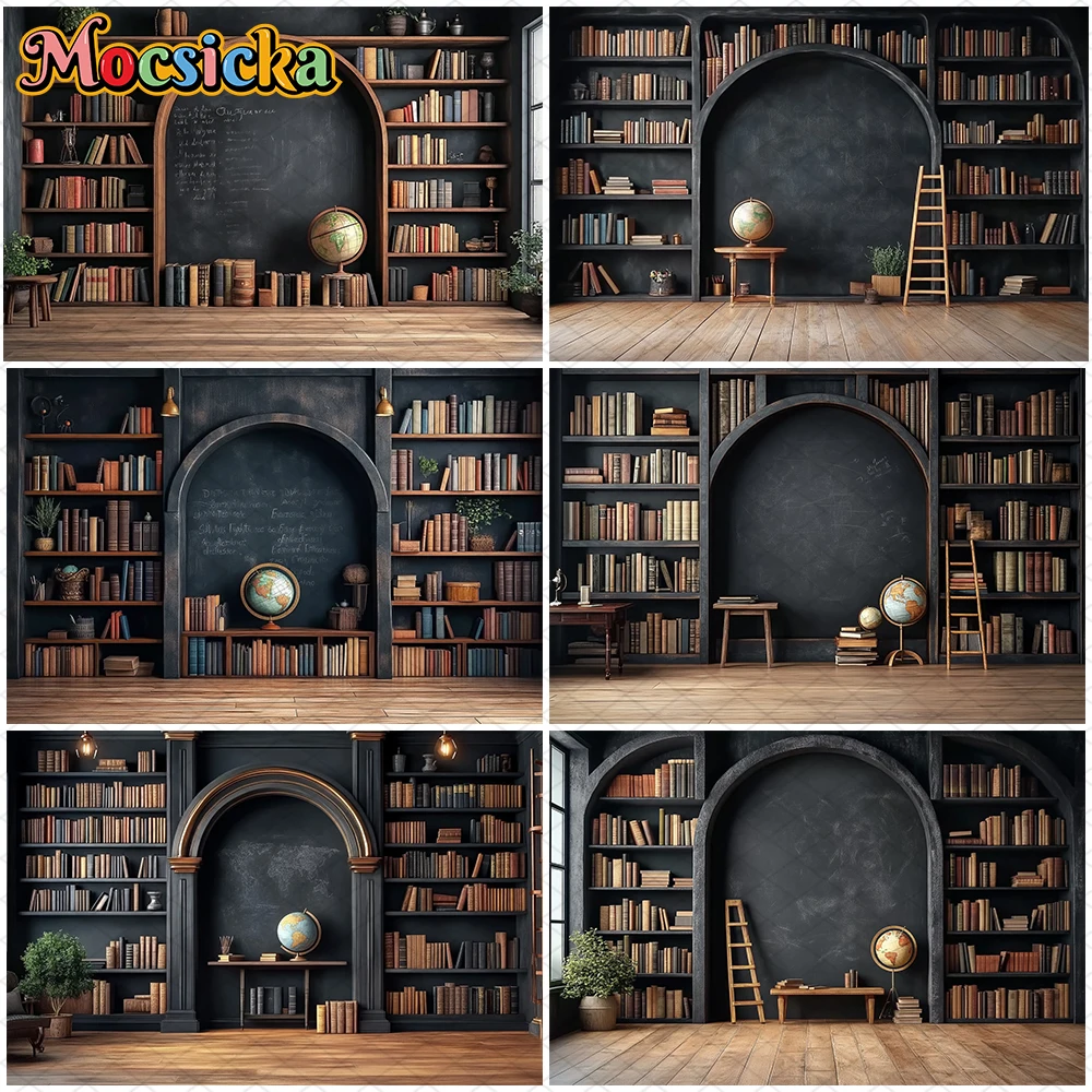 

Mocsicka Bookshelf Photography Background Study Black Wall Globe Decoration School Student Children Photo Backdrop Studio Banner