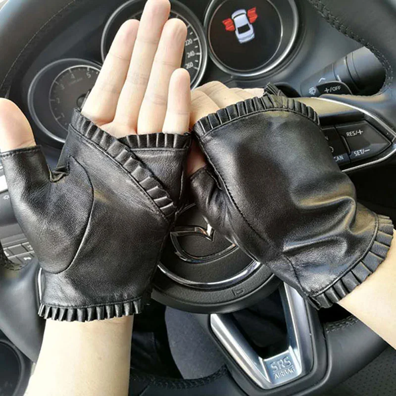 Guantes de cuero sin dedos para mujer, estilo de encaje arrugado, guantes de piel de oveja semipuntiagudos, conducción deportiva