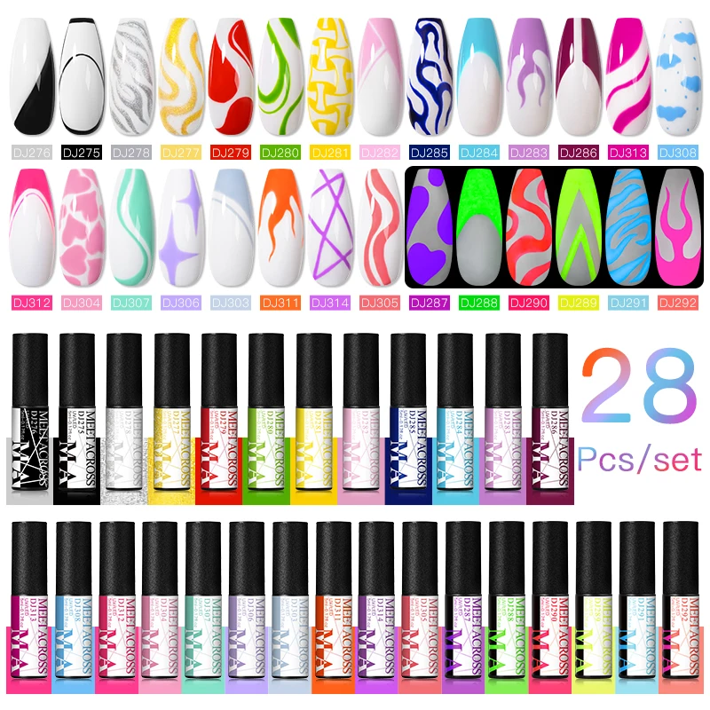 MEET ACROSS 28Pcs/Set Colorful Line Gel Nail Polish Glow In Dark Nail Art Liner UV Gel DIY Painting Drawing Varnish For Nails