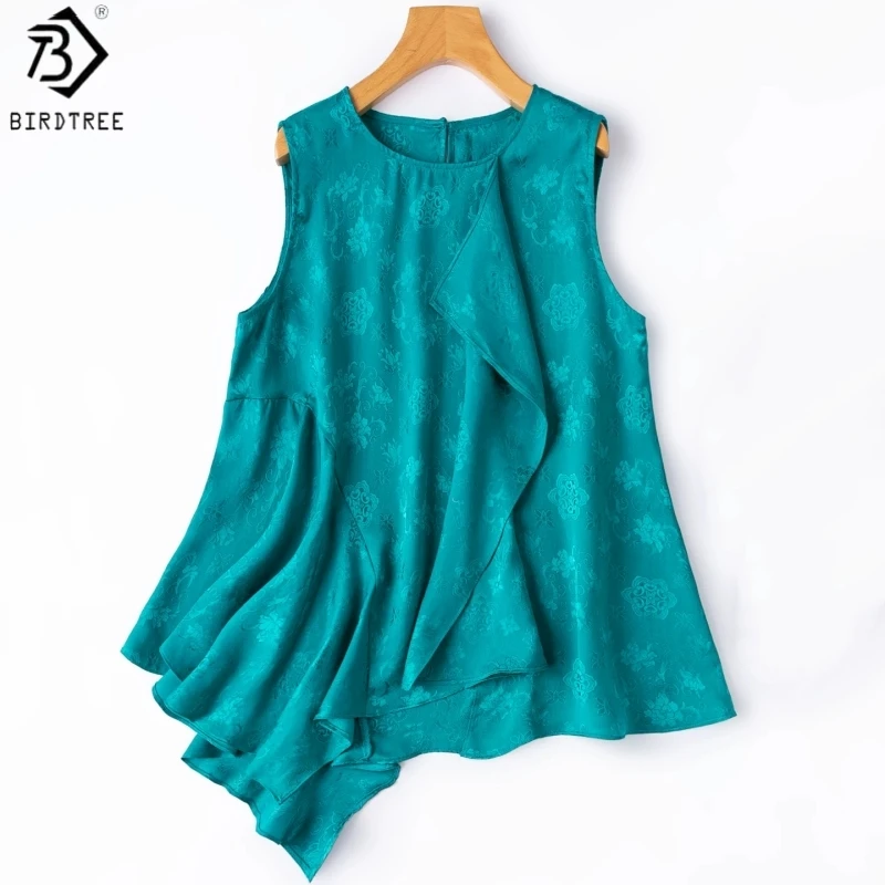Birdtree, 100% Real Silk Breathable Tank Top, Sleeveless Vest, Women Full-hole Luo Tops, Irregular Hem, 2026 Summer New T67411JF