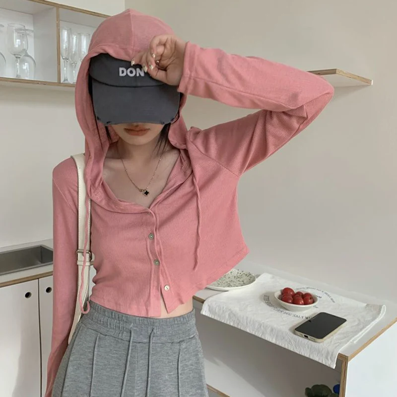 Rimocy Summer Knitted Hooded Cardigan Women Korean Streetwear Single Breasted Crop Tops Woman Solid Long Sleeve Knitwear Top