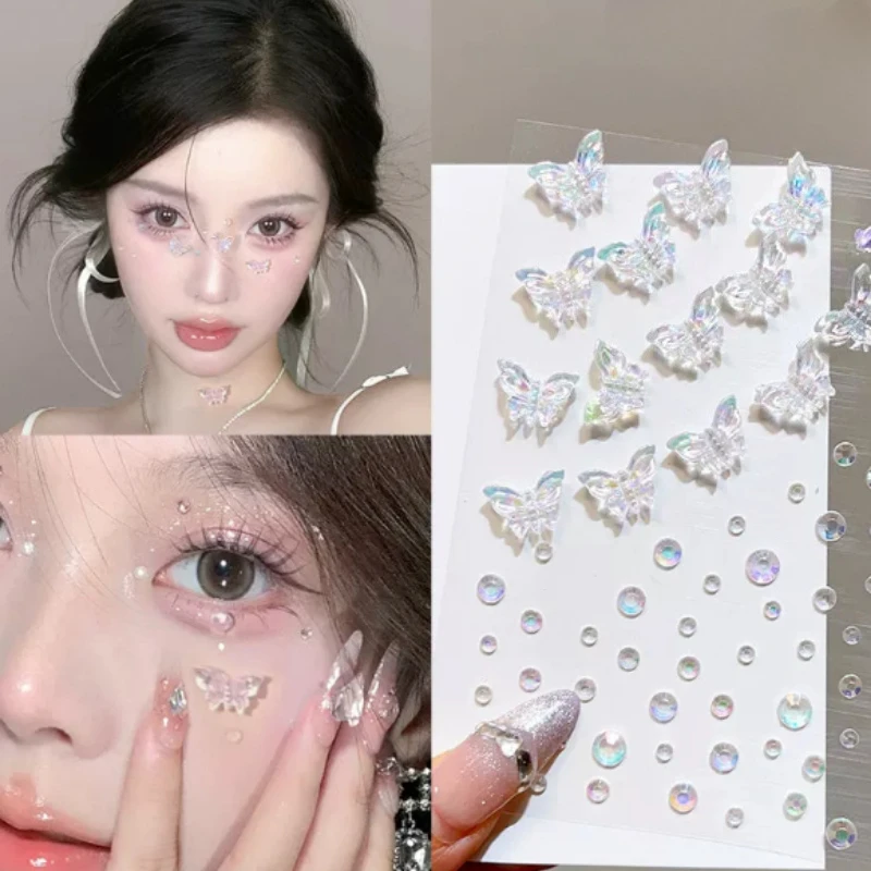 1 Sheet Acrylic Diamond Stickers 3D Butterfly Crystal Patch Face Paste Stage Makeup Rhinestones Jewelry Mermaid Pearl Tattoo New