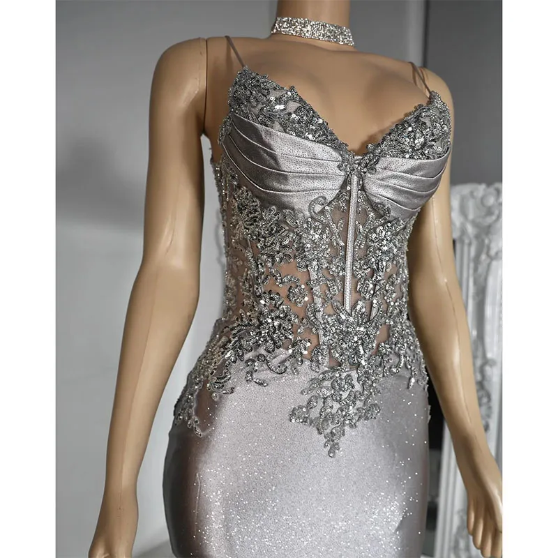 Silver Grey Mermaid Prom Dress for Black Women Spaghetti Glitter Evening Dresses Elegant Beads Appliques Special Occasions