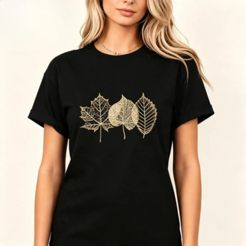 Fall Botanical Women Cotton Tshirt Gold Sparkle Leaf Print Simple Maple Leaves Nature Aesthetic Casual Short Sleeve Tees