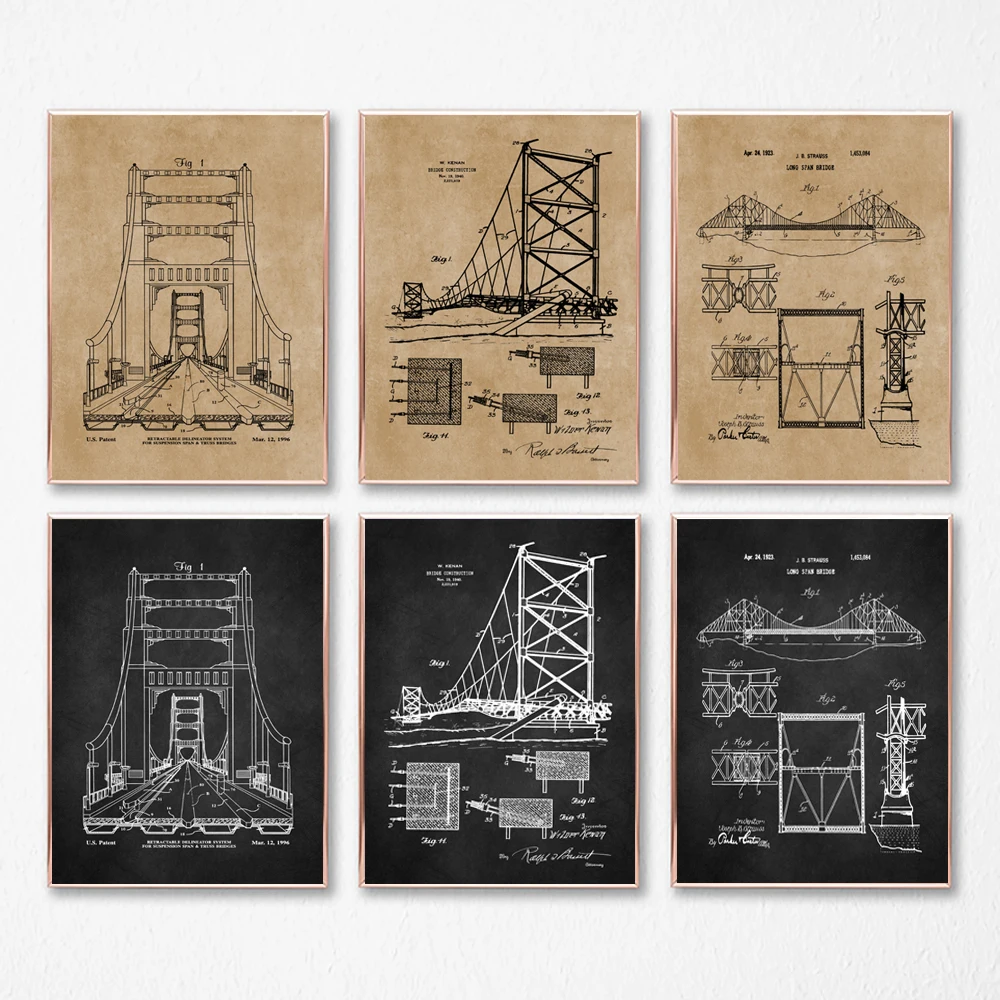 Bridge Patent Posters Architecture Wall Art Print Architect Engineering Student Graduation Gift Office Decor Canvas Painting