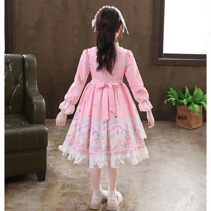 Lolita Style Girls Dress Net Yarn Splicing Cartoon Rabbit Print Bow Decorate Long Sleeve Party Princess Dress For 4-12Y Kids