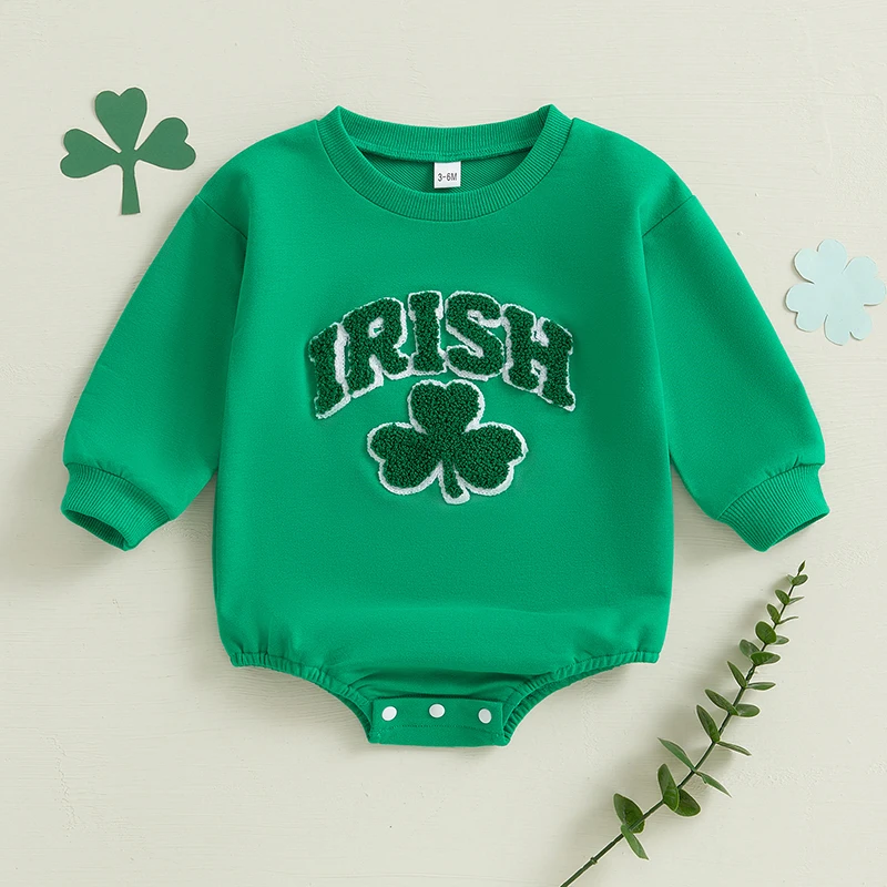 

Infant St Patrick s Day with Clover Embroidery and Cozy Sweatshirt Material - Long Sleeve Jumpsuit for Spring