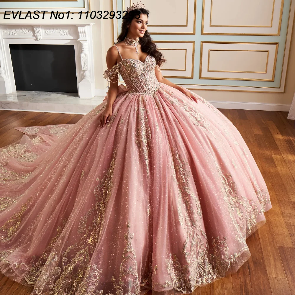 EVLAST Customized Shiny Pink Quinceanera Dress Ball Gown Gold Lace Applique Beading Bow Corset Sweet 16 Vestido De 15 Anos E1Q88