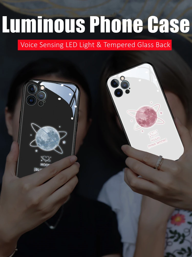 

Voice Sensing Colorful LED Light Glow Luminous Tempered Glass Phone Case for Huawei P40 P50 P60 Mate 60 50 40 Pro Plus Series