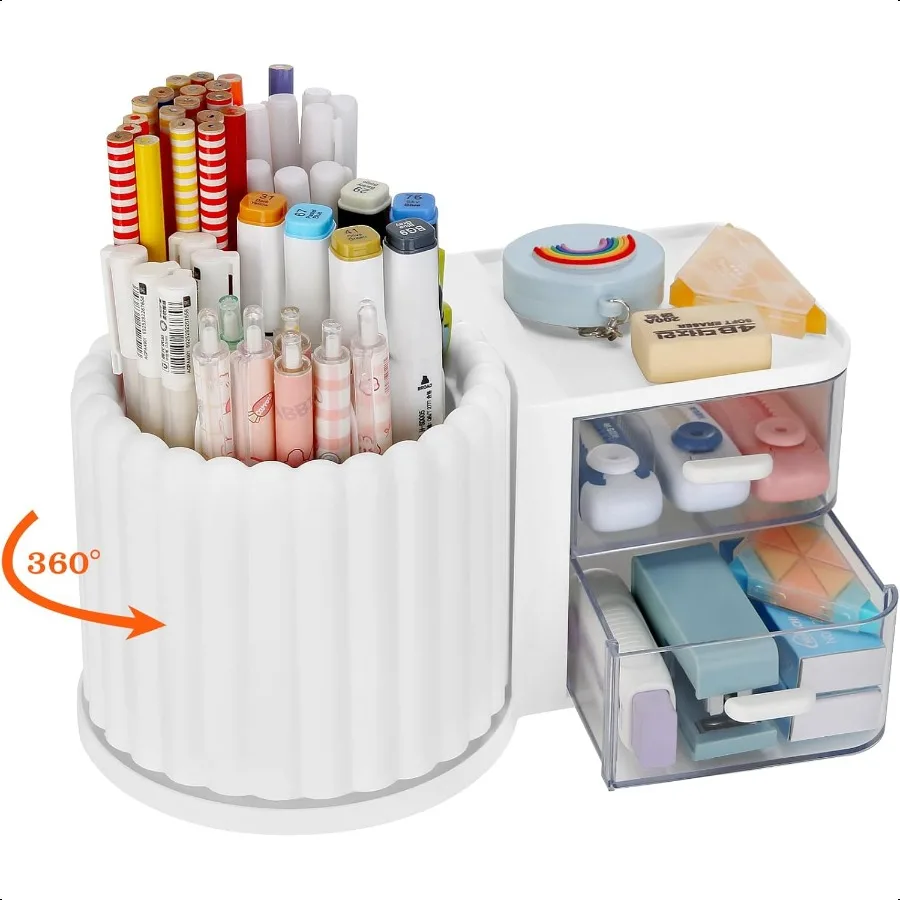 

Rotating Office Desk Organizers and Accessories with 2 Drawer Pencil Pen Marker Holder for Desk Desktop Storage Organizers and