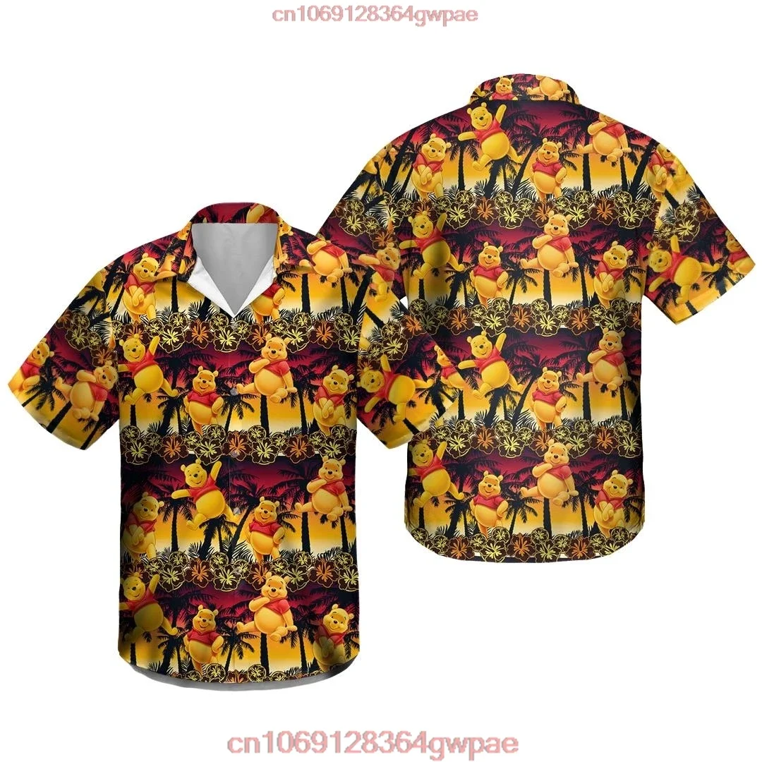 Winnie de Poeh Hawaiiaans overhemd met korte mouwen Cartoon Disney Hawaiiaans overhemd Casual strandoverhemd met korte mouwen Retro overhemd met knopen