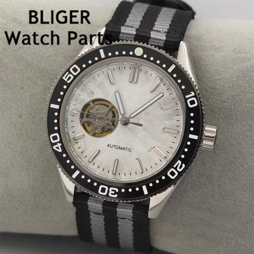 BLIGER 41.5mm NH38 Men\'s Mechanical Automatic Watch Skeleton Dial Green Luminous Domed Sapphire Crystal Nylon/Rubber Strap