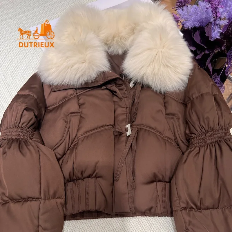 New Winter Down Jackets for Women, Short Fox Fur Large Lapel 90 White Goose Down Jacket Elegant Temperament Coat for Women Party