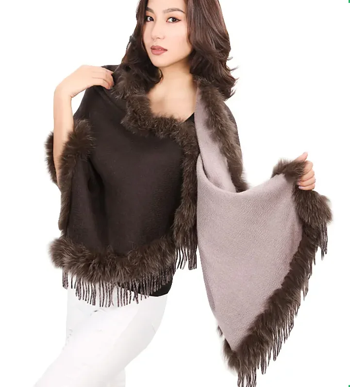 Ladies Real Fox Fur Trim 100% Pure Cashmere Scarf Double Color Wrap for Winter Autumn Fluffy Warm Ladies Scarf