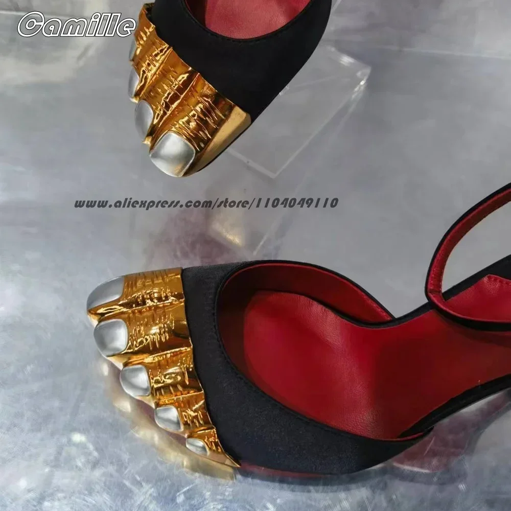 Genuine Leather Metal Toe Belt Buckle Strap Sandals Open Toe Sexy Lady Five Finger Shoe Size 36-43 Shallow Luxury Party Shoes