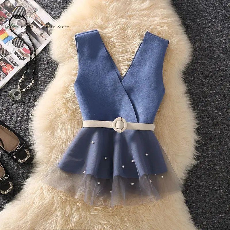 Spring and Summer Woolen Vest Women's Vest with Slanted Shoulders Beaded Mesh Horseclip Women's Coat