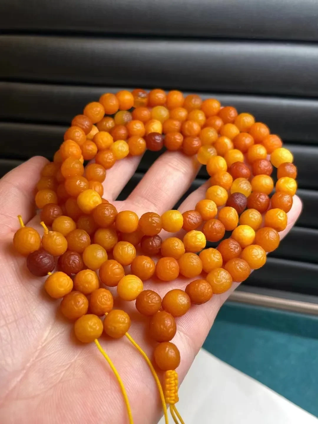 

New arrival natural yellow beeswax amber bracelet round beads Carving Buddhist beads jewelry Sweater chain Multi loop bracelet