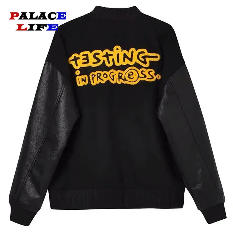 Men Oversized Baseball Jacket Letter Flocking Embroidery Black Coat High Street Stand Collar Couple Casual Clothes 2023 Spring