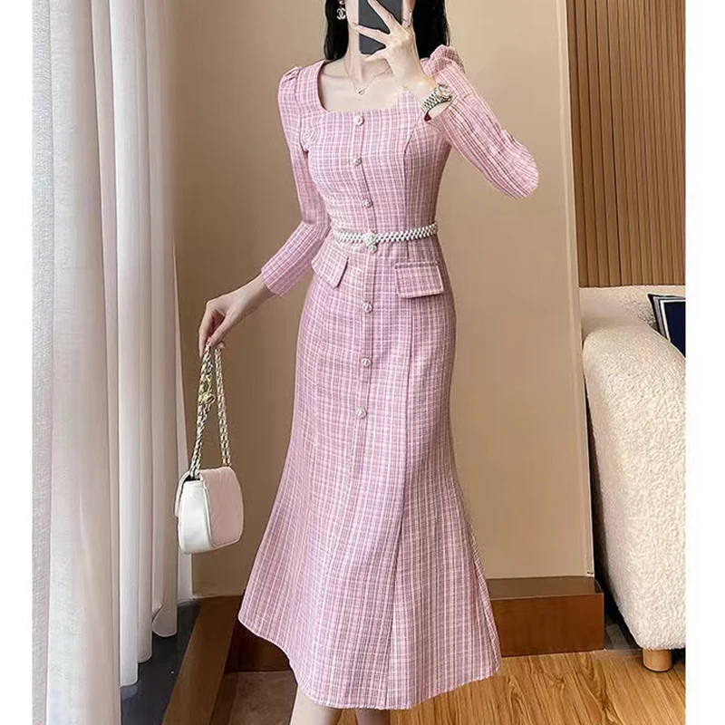 Early Autumn luxury long sleeve Square collar A-line Elegant Midi dress High Street Fashion Commuting office ladies Long Dress