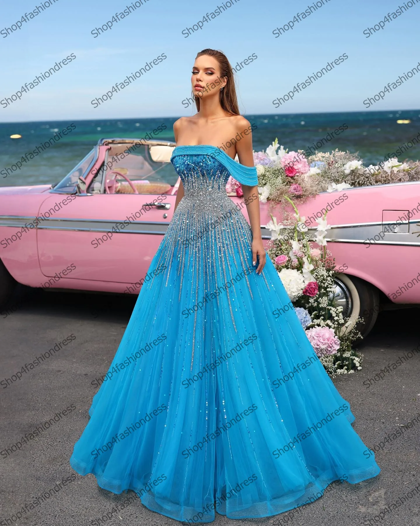 Glitter Beading Mesh Evening Dresses Off The Shoulder Crystals Organza A Line Pageant Party Gowns Floor Length Puffy Prom Dress