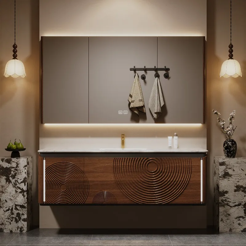 Bespoke French Vintage Solid Wood Floating Double Sink Bathroom Vanity With Natural Marble Top Smart LED Mirror Cabinet