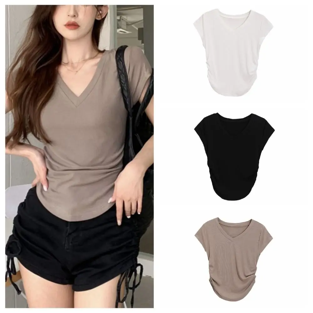 

Sweet Pleated Short Sleeve T-shirt Slim Fit Chic Y2K Crop Top Women Simple Bottoming Shirt V-neck Tees Top Girls