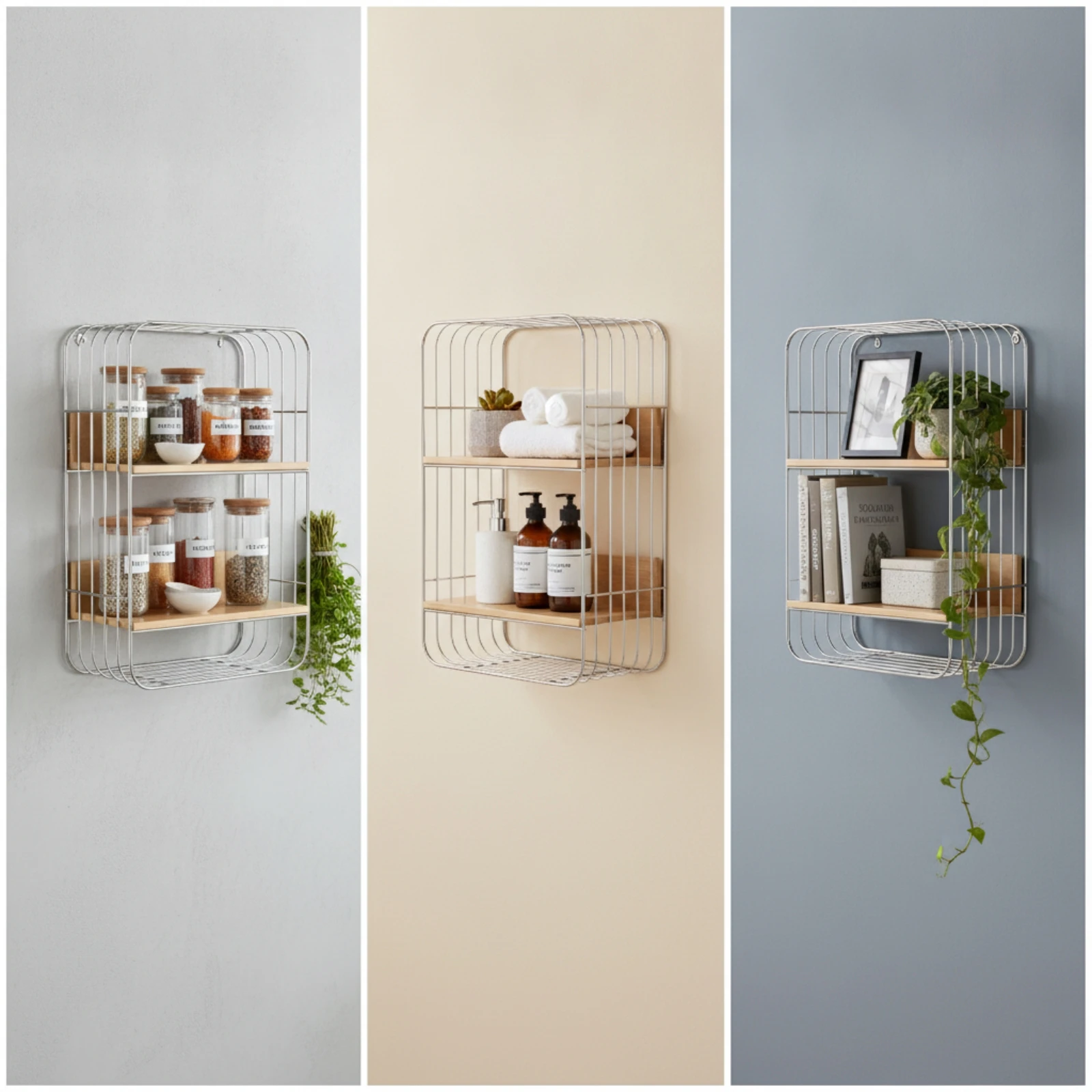 

Wall-Mounted Storage Rack Stainless Steel Shelf with Wooden Boards Open Shelf Rack Space-Saving Furniture Rounded Corners