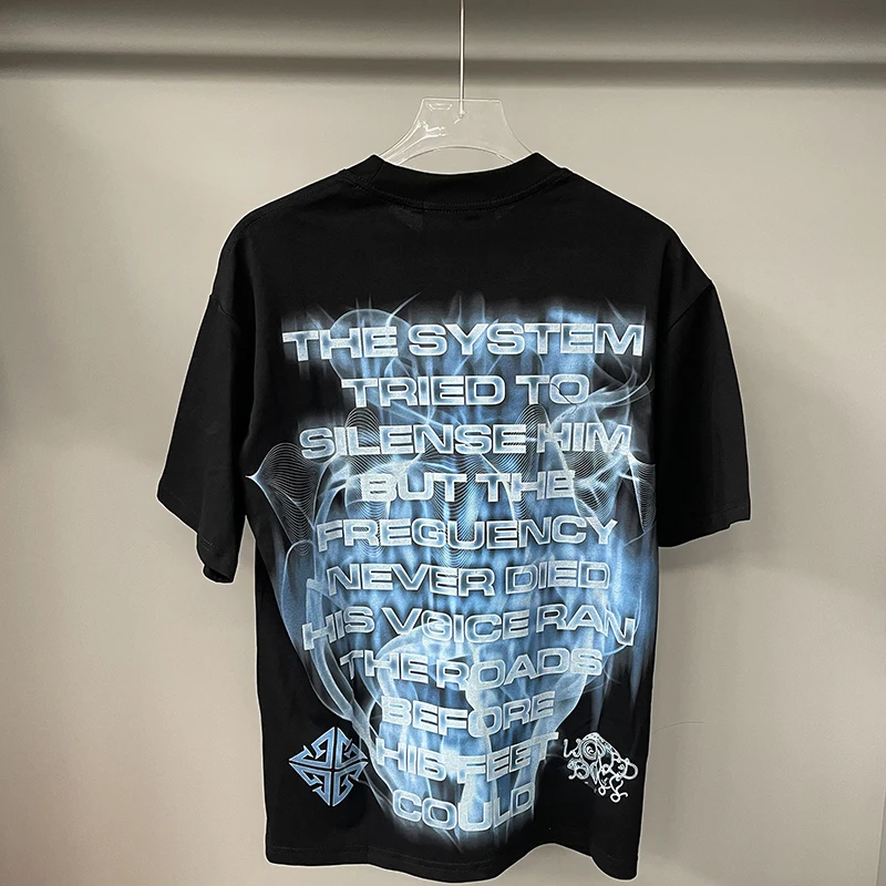 GUAPI Blue Flame Portrait Graphic T-Shirt Men Black Short Sleeve Tee American High Street Retro Streetwear Fashion Top