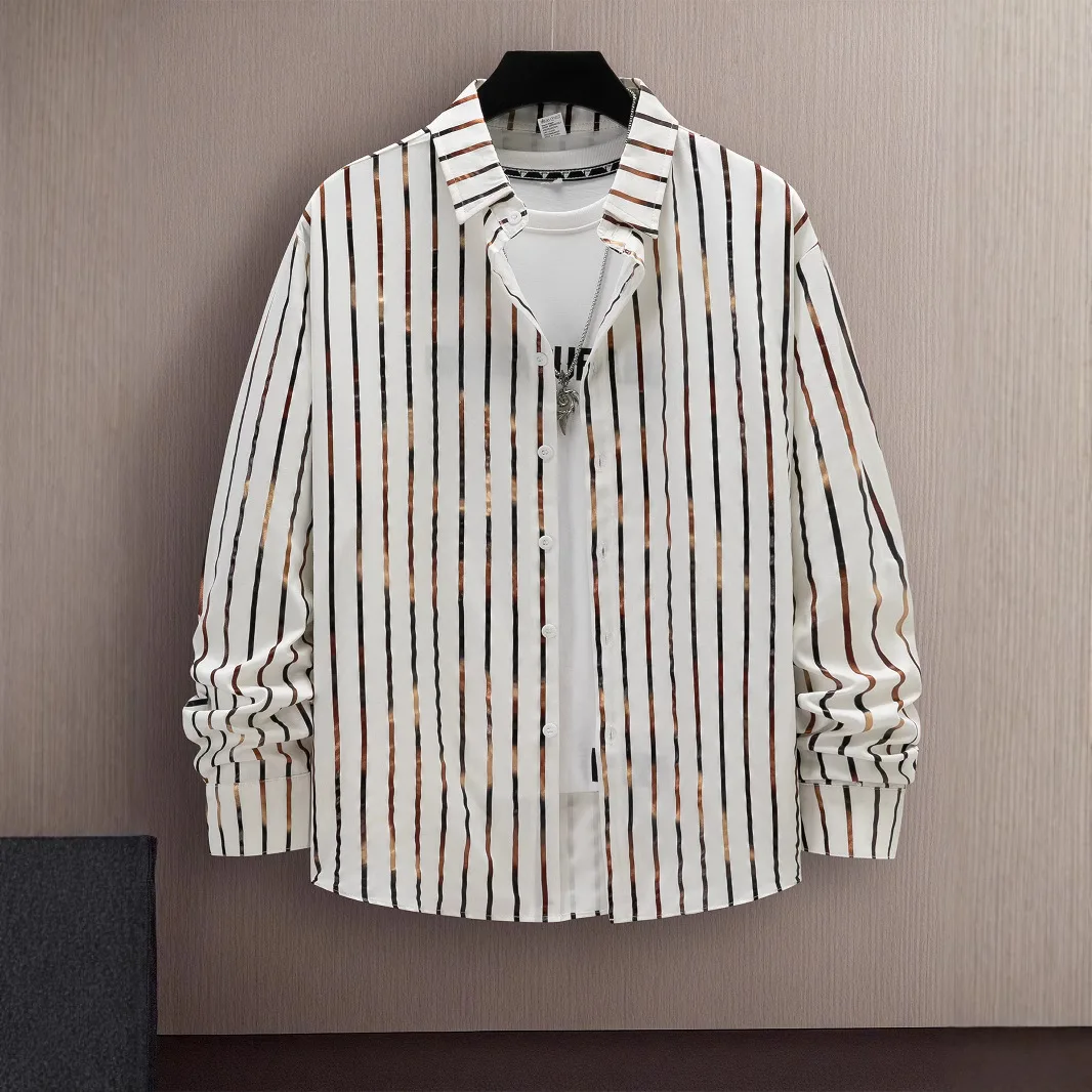 

Spring and autumn new style men's casual long-sleeved shirt Fashion stripes comfortable hot gold printed single-breasted top