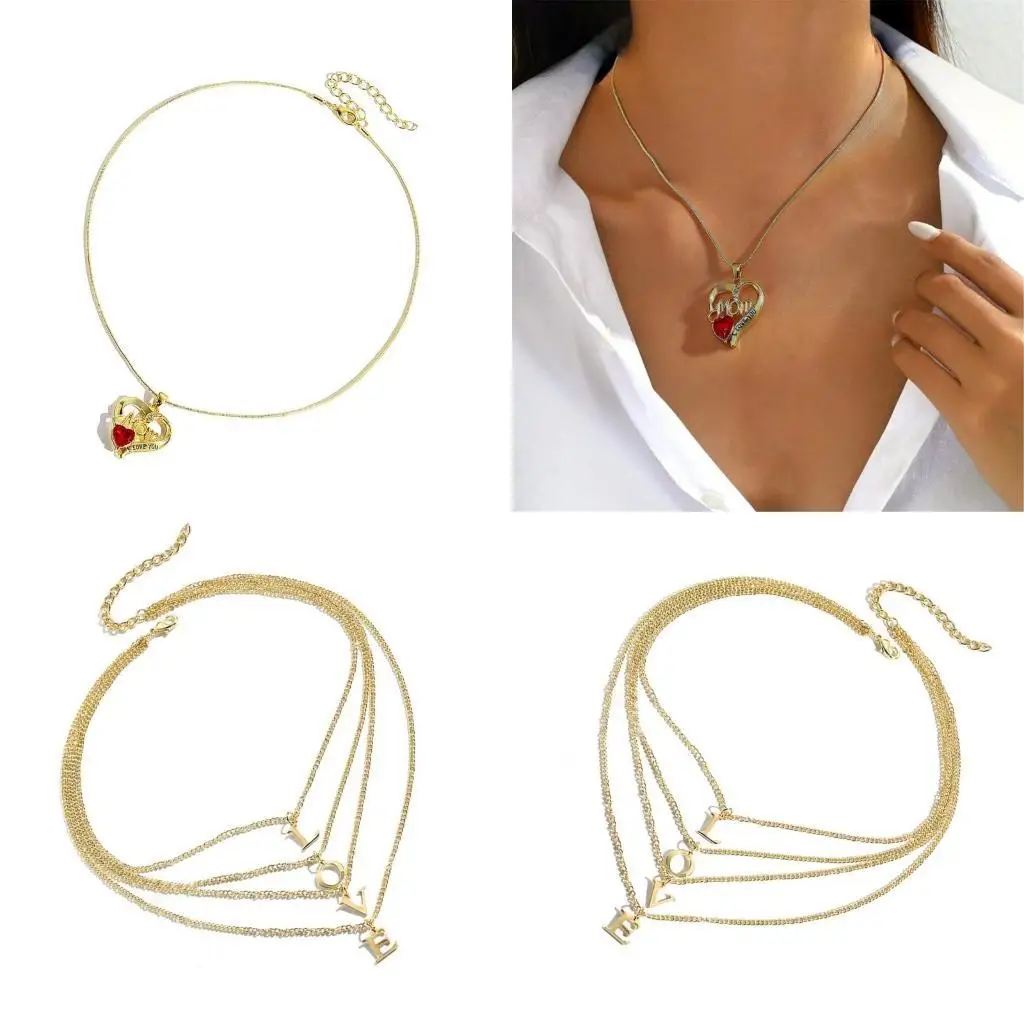 

31BB Sturdy Alloy Necklace with Heart Crystals and Diamonds Detail Decoration for Gifting on Special Occasions Daily Use