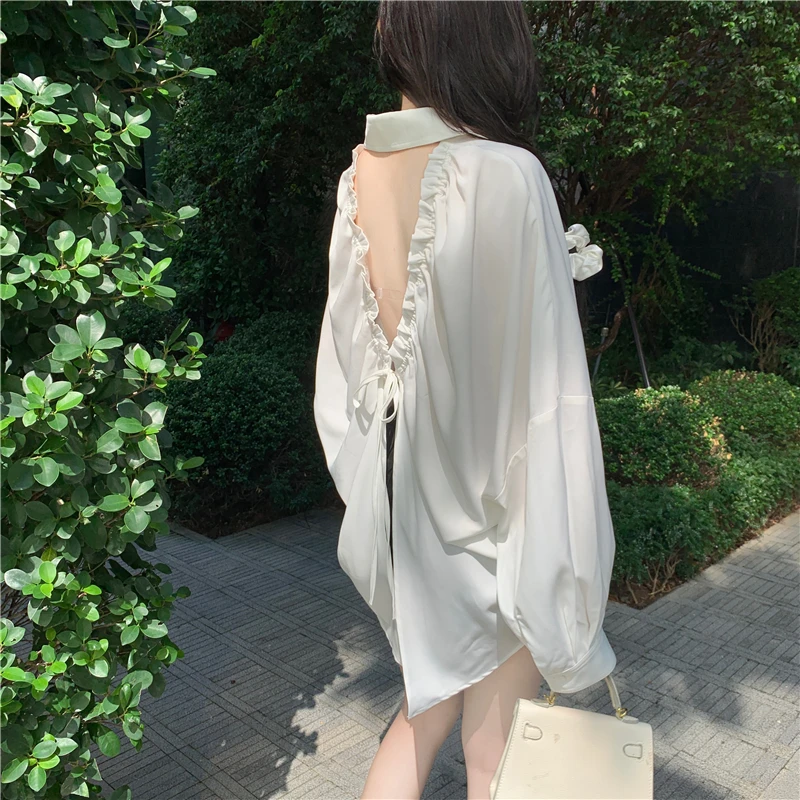 French Long Sleeve Shirts Women Princess Backless Lace-up Folds Elegant Designed Loose Slouchy Fairy High Street Y2k Tops Chic