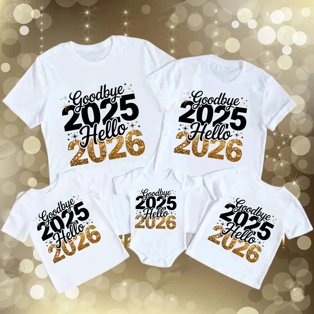 وداعا 2025 مرحبا 2026 سنة جديدة سعيدة قمصان عائلية 2026 السنة الجديدة الوالدين والأطفال بلايز رومبير الطفل عطلة الملابس
