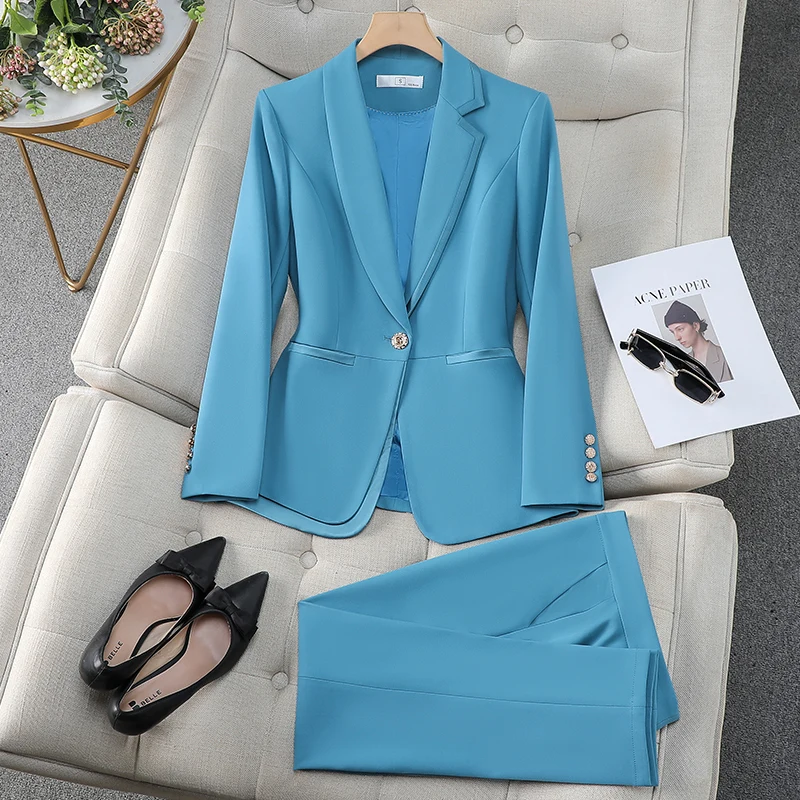 Fashion Blue Khaki Black Ladies Work Wear Blazer Pant Suit Women Female Formal Jacket and Trouser 2 Piece Set for Autumn Winter