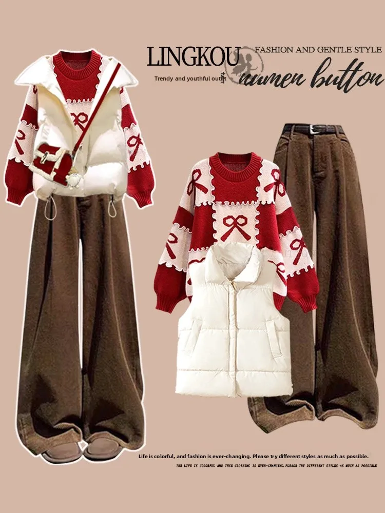 Red Knitted Sweater Cotton Jaet Vest Retro Casual Pants Tee Piece Set Women's Faion Ensemble Autumn Winter Leisure Sle