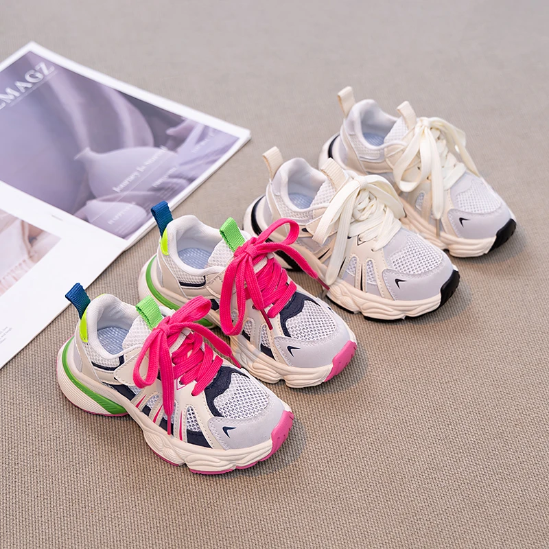 

Новинка 2024, дышащая массивная обувь с цветными блоками и сеткой для девочек, удобные нескользящие прочные кроссовки на шнуровке для детского активного отдыха