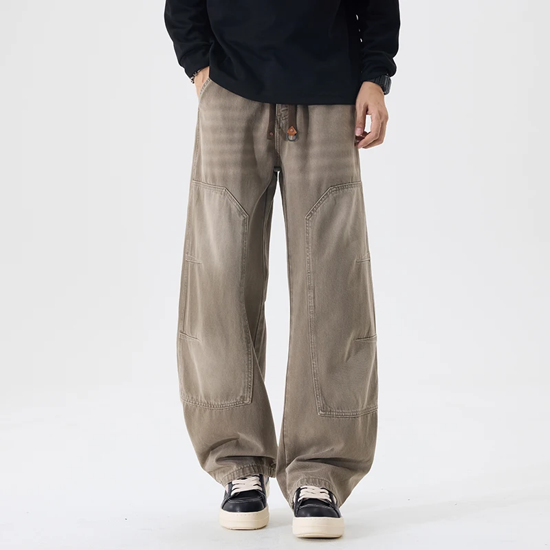 

2026 Spring Autumn New Vintage Washed Patchwork 100% Cotton Jeans for Men Clothing Loose Wide Leg Male Trousers
