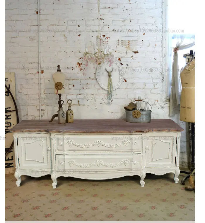 Solid wood retro carved TV cabinet antique milk white dining side cabinet audio-visual cabinet locker